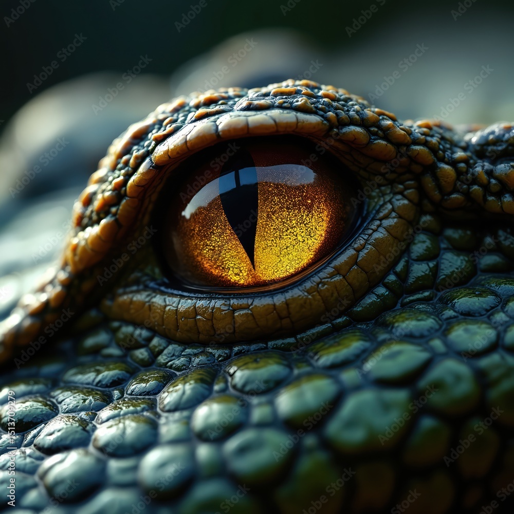 Fototapeta premium Close-up of alligator crocodile eye. Focus on reptile eyeball with detailed texture. Green scales frame eye, featuring unique patterns and vibrant yellow iris pupil. Macro shot, nature.