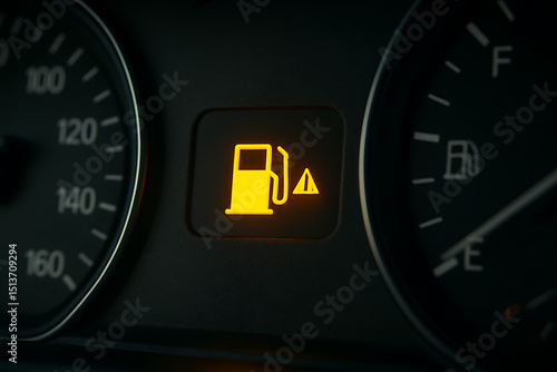 Empty fuel warning light on modern car dashboard close-up