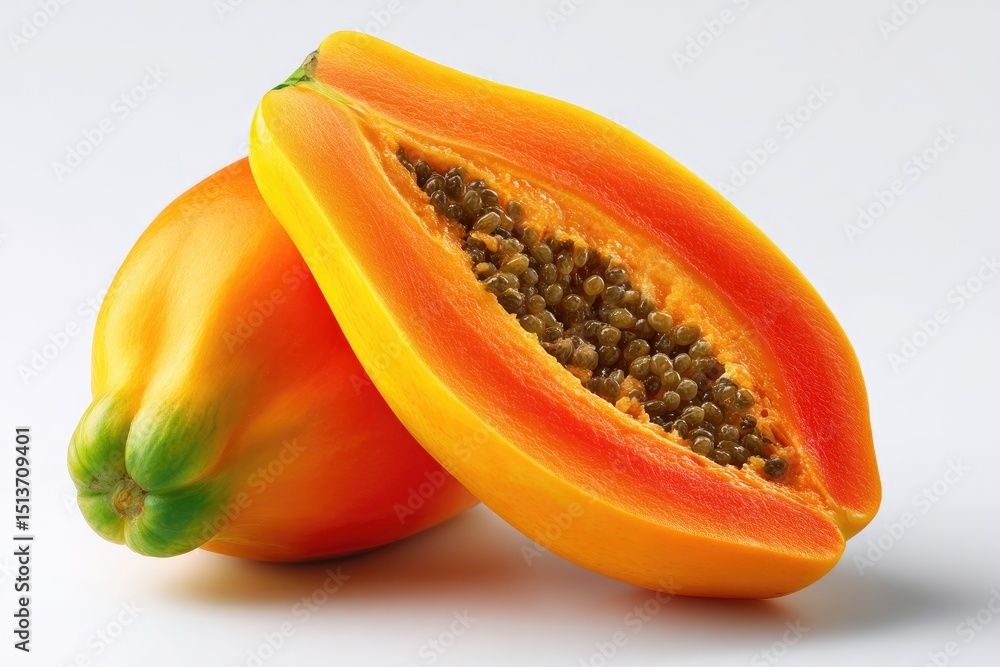 Close-up of a papaya, cut in half, displaying its vibrant colors and seeds. Close-up of a papaya, cut in half, displaying its vibrant colors and seeds.