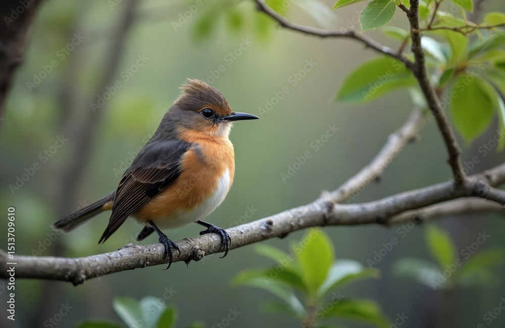 Alder Flycatcher bird perched on branch. Orange breast, gray wings. Wildlife animal in natural habitat with green foliage. Ornithology, birdwatching, nature scenery, spring summer, natural beauty. Alder Flycatcher bird perched on branch. Orange breast, gray wings. Wildlife animal in natural habitat with green foliage. Ornithology, birdwatching, nature scenery, spring summer, natural beauty.