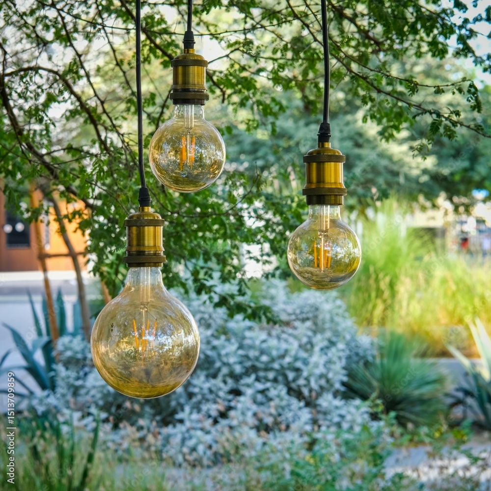 Obraz premium String contemporary round light bulbs hanging from tree branches creating warm and inviting outdoor ambiance on landscaped park background