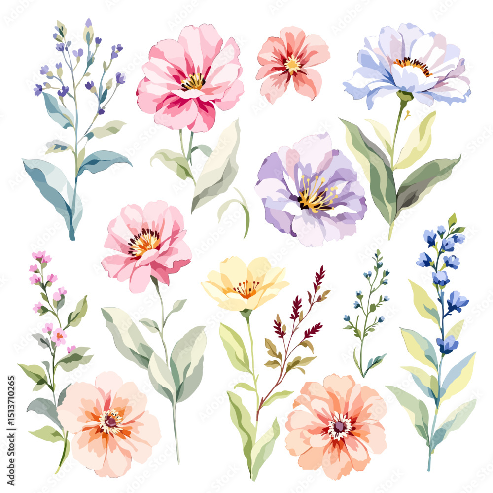 Obraz premium Whimsical watercolor wildflower collection featuring pastel summer blossoms and delicate garden botanical elements