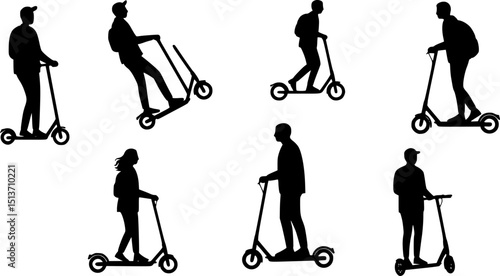Silhouettes, people riding electric scooters, sequence of five figures, black and white illustration, minimalist design, urban transportation, side view profiles, motion progression, scooter riders