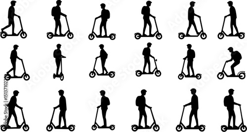 Silhouettes, people riding electric scooters, sequence of five figures, black and white illustration, minimalist design, urban transportation, side view profiles, motion progression, scooter riders