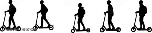 Silhouettes, people riding electric scooters, sequence of five figures, black and white illustration, minimalist design, urban transportation, side view profiles, motion progression, scooter riders