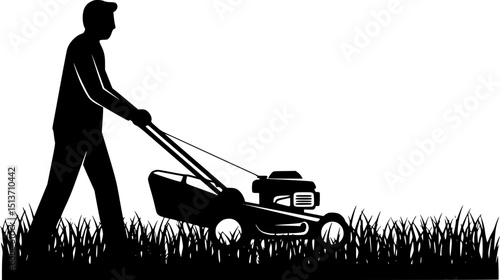 Man pushing an old green lawn mower silhouette.
