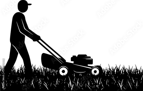 Man pushing an old green lawn mower silhouette.
