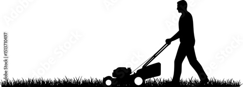 Man pushing an old green lawn mower silhouette.
