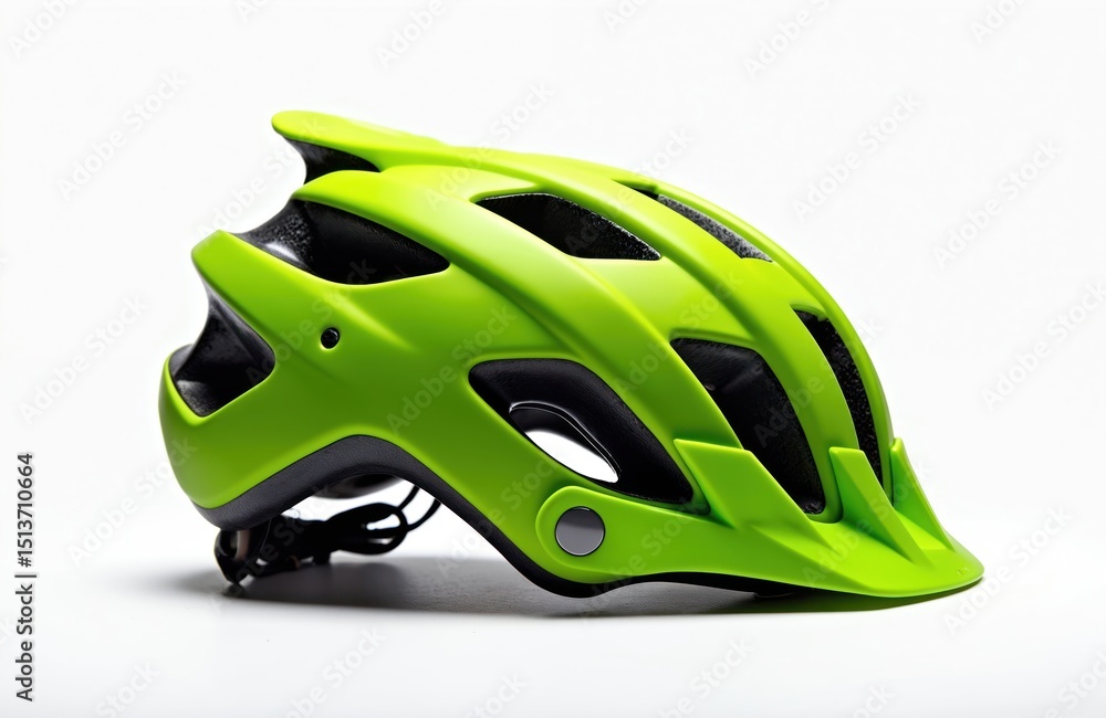 Fototapeta premium Green bicycle helmet isolated on white. Protective sports headwear gear for safe cycling. Designed for outdoor activities, mountain biking. Bicycle helmet prevents head injuries in crash. Cycling