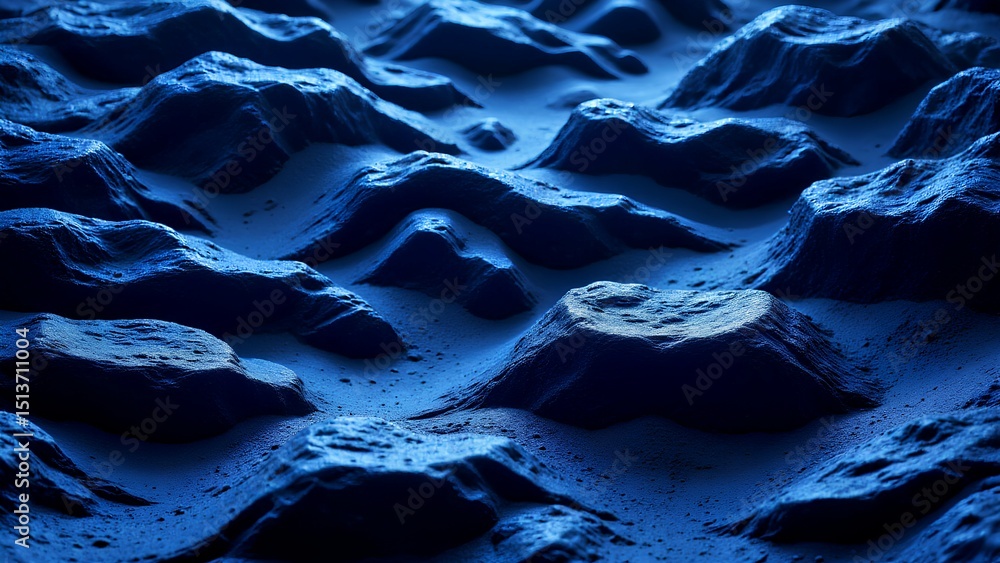 Fototapeta premium Wavy blue landscape with textured, rocky formations under dramatic lighting.