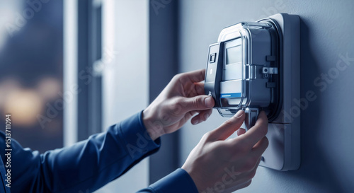 Fototapeta Naklejka Na Ścianę i Meble -  Man's hands opening an electric meter on a wall, showing the concept of smart home energy management and city electric system maintenance.