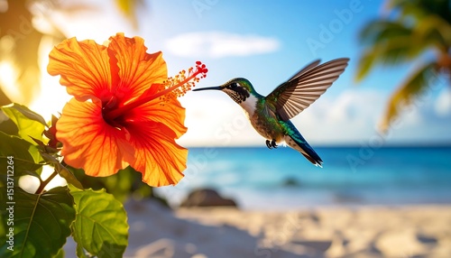 Hummingbird Approaches Orange Hibiscus Flower On Tropical Beach With Ocean and Blue Sky