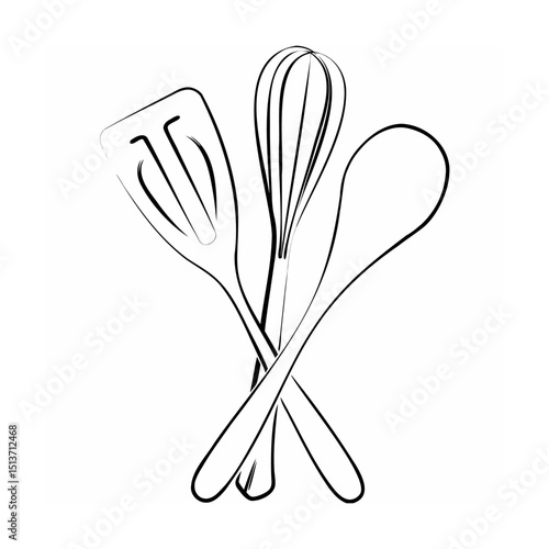 Simple line art illustration of kitchen utensils including spatula whisk and wooden spoon
