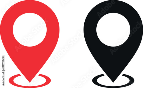 Clean, simple vector graphic of two location markers, one red and one black, isolated on a white background.
