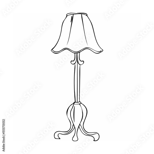 Elegant hand drawn floor lamp illustration in classic black and white outline style