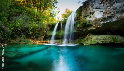 serene waterfall flowing into a crystal clear pool