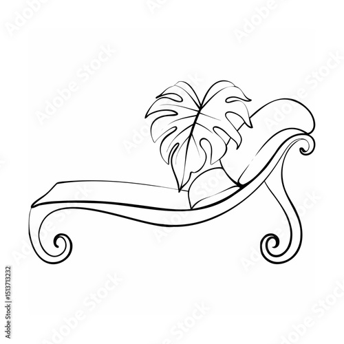Elegant outline illustration of a chaise lounge with a large tropical monstera leaf