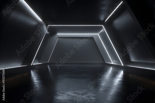 Abstract dark room with geometric light lines illuminating the space, creating a futuristic and modern architectural design with clean concrete walls and reflective floor