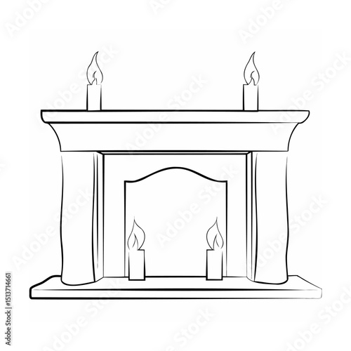 Simple outline drawing of a fireplace mantel with burning candles for holiday design