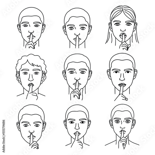 Diverse People Making Shush Gesture Line Art Vector Icons Set