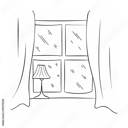 Simple hand drawn illustration of a cozy window with a lamp and curtains in black and white.