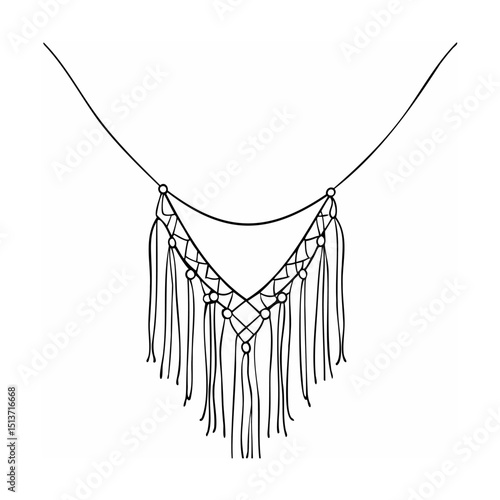 Elegant hand drawn macrame necklace design illustration in minimalist monochrome style
