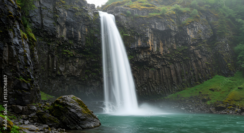 Fototapeta premium Majestic waterfall cascading down rocky cliffs into a pool of turquoise water.