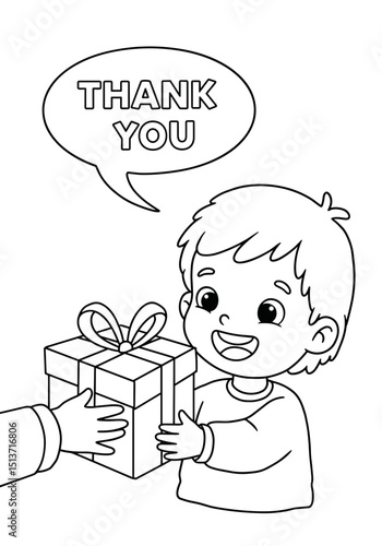 Boy saying thank you for a gift – etiquette coloring page for kids