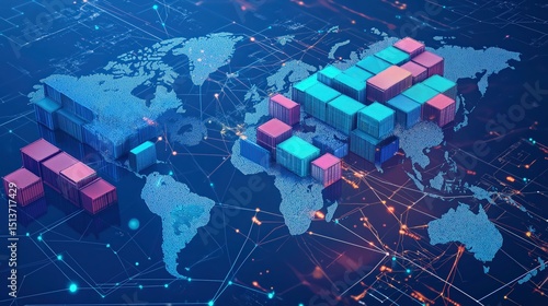 A digital world map with colorful shipping containers illustrates global trade and logistics connections.