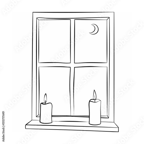 Simple line art illustration of window with candles and crescent moon in the night sky
