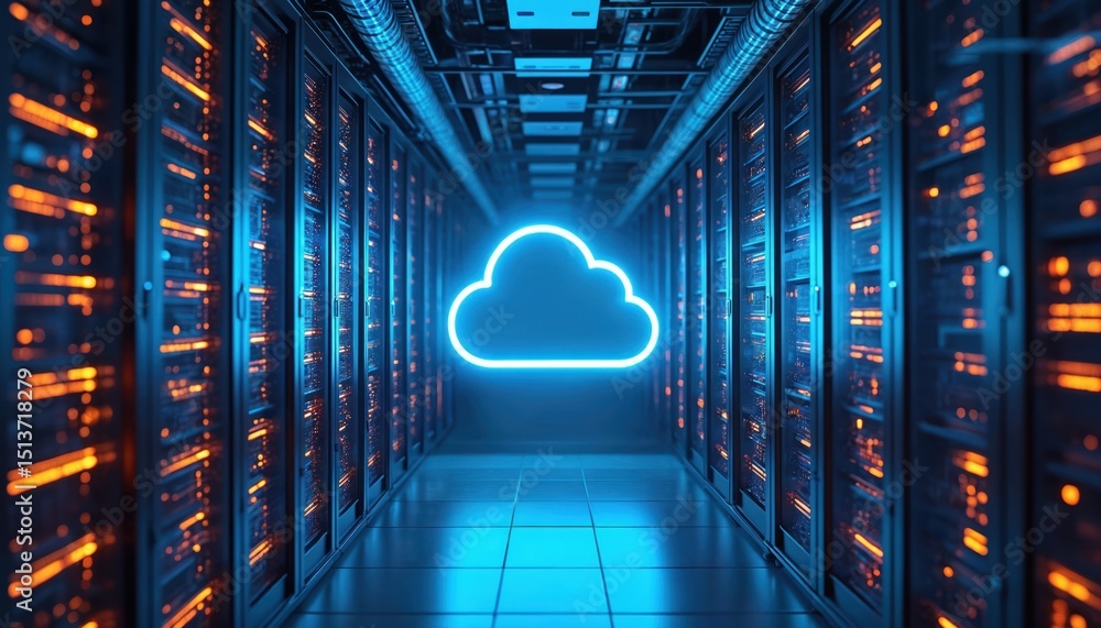 Naklejka premium Hybrid cloud integration architecture within data centers. Seamless interoperability on-premises cloud infrastructure. Modern tech, digital transformation, AI, data management solutions for secure