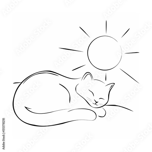 Simple black and white illustration of a sleeping cat under the sunny sky
