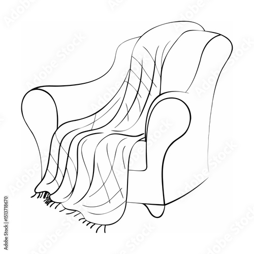 Simple black and white illustration of an armchair covered with a cozy blanket