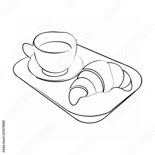 Simple black and white illustration of coffee cup and croissant on serving tray