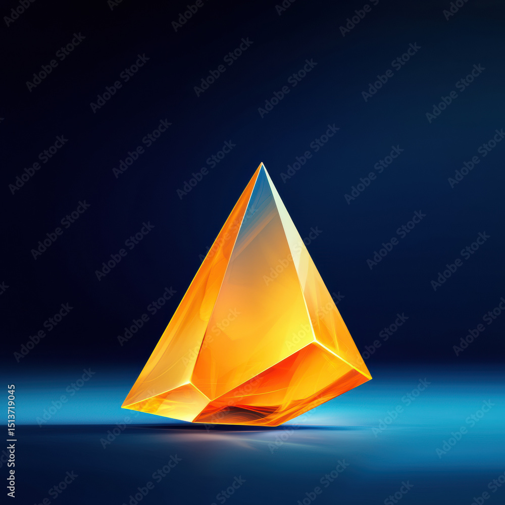 Fototapeta premium Glowing orange transparent pyramid shape with sharp edges on dark blue background