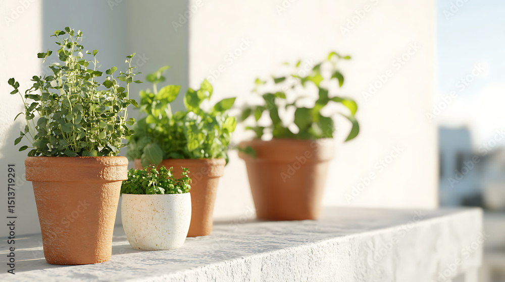 Fototapeta premium A collection of potted herbs, creating a small, indoor garden. They rest on a ledge against a white wall, suggesting a sunny spot for growth.