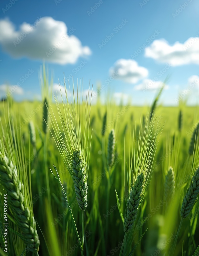 Vibrant green field of barley waving gently in breeze, under bright blue sky with fluffy clouds. Sunny day, idyllic rural scenery. Farming, eco agriculture concept. Harvest time, fresh produce, Vibrant green field of barley waving gently in breeze, under bright blue sky with fluffy clouds. Sunny day, idyllic rural scenery. Farming, eco agriculture concept. Harvest time, fresh produce,