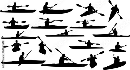 kayaking silhouette collection set. water sport, race, transport concept. different action, pose. monochrome vector illustration.

