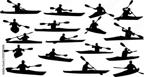 kayaking silhouette collection set. water sport, race, transport concept. different action, pose. monochrome vector illustration.
