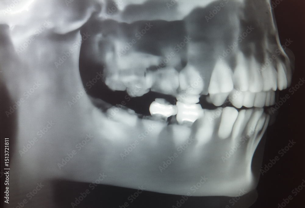 Obraz premium Dental X-ray Showing Teeth and Jaw Structure in Black and White