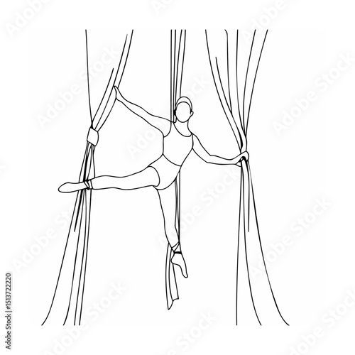 Line drawing of an acrobat performing aerial silks with grace and elegance in monochrome style