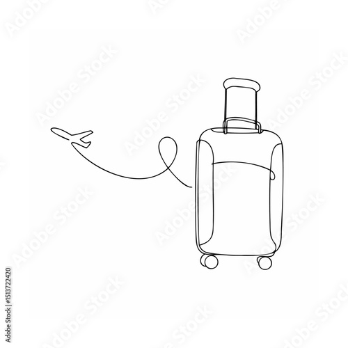 Continuous line drawing of airplane taking off near a luggage suitcase ready for travel