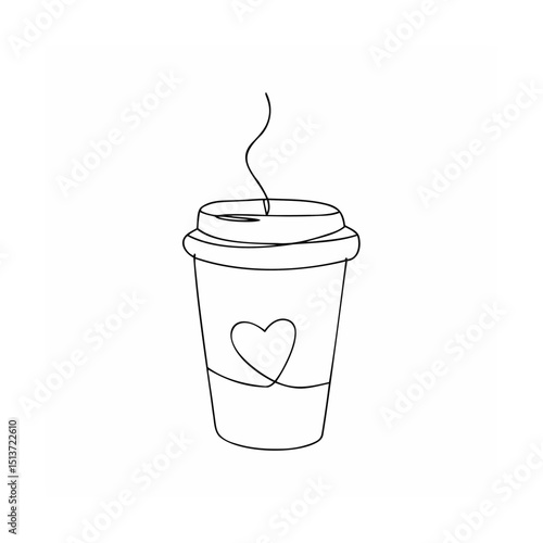 Minimalist one line coffee cup with heart symbol and steam black and white illustration