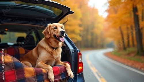 Fototapeta Naklejka Na Ścianę i Meble -  Golden retriever dog enjoys scenic autumn road trip. Dog sits in car trunk, looking out at colorful fall forest. Travel with pet, cozy journey in countryside.
