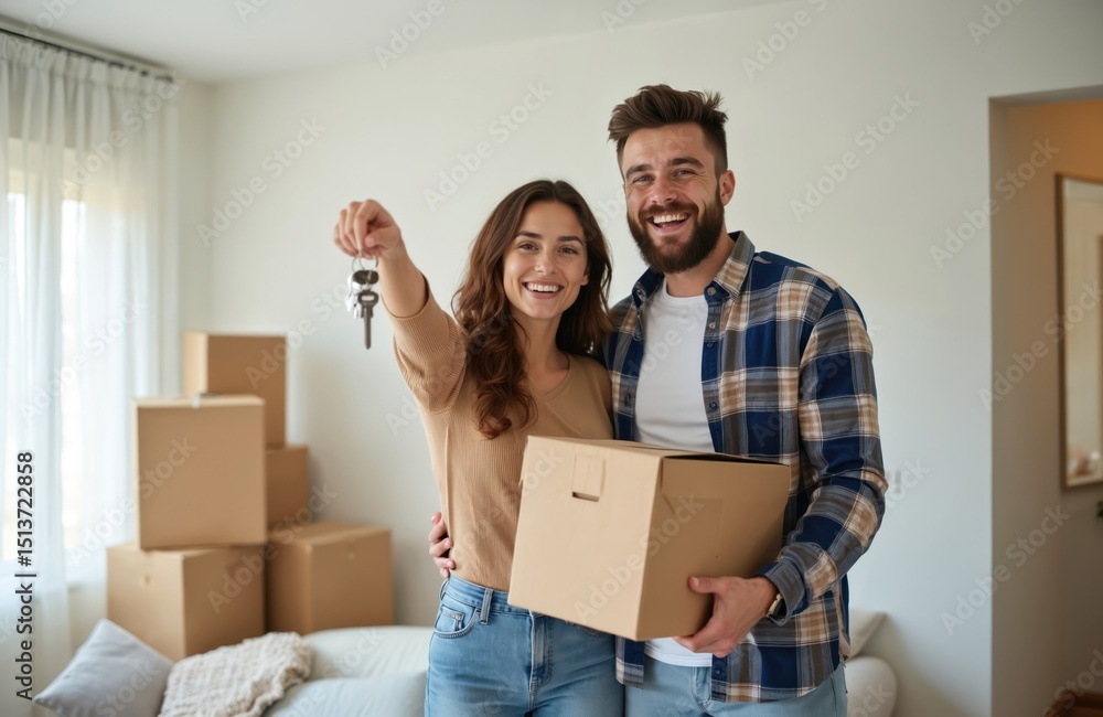 Naklejka premium Happy young couple home owners hold keys. Smiling millennial man, woman first time homeowners carry boxes on moving day. Mortgage loan new house ownership concept. Buying real estate, relocation,