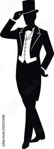 Silhouette of a formally dressed person in top hat and tailcoat, standing confidently