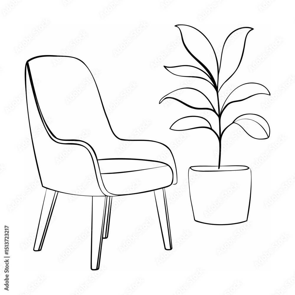 Fototapeta premium Minimalist line art illustration of an armchair and potted plant in a modern setting