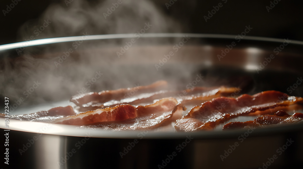 Fototapeta premium Sizzling bacon strips frying in a pan, releasing flavorful steam and tempting aromas.