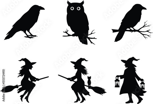 Spooky halloween character silhouettes, including a crow, owl, and witches in festive, eerie design


