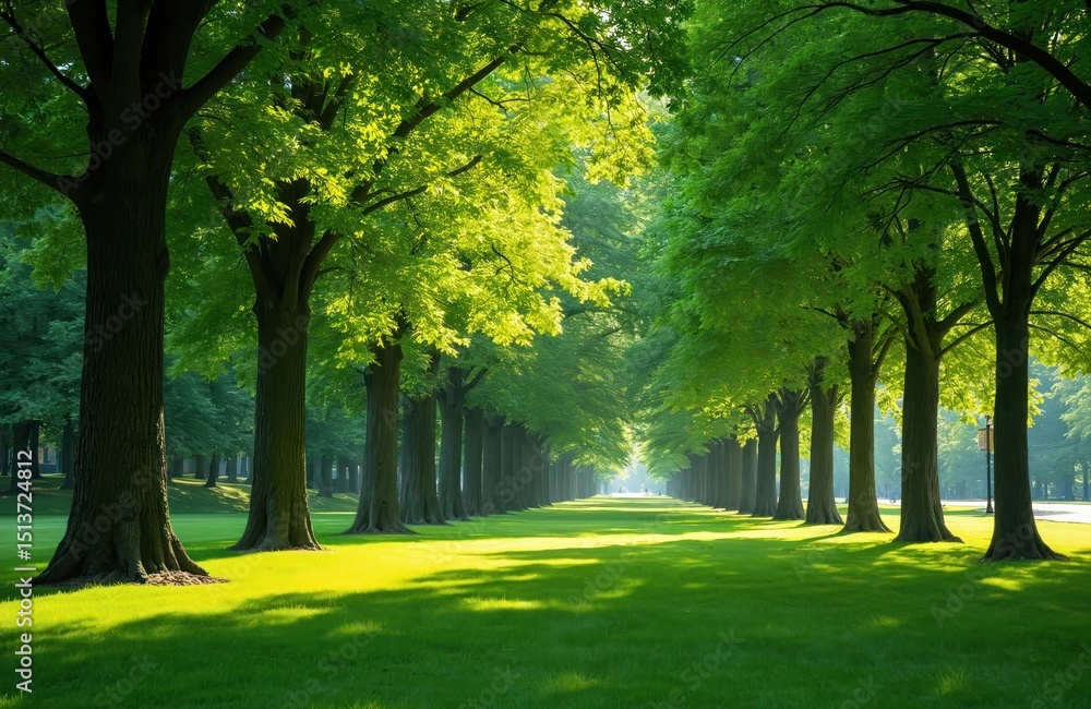 Naklejka premium Green park with rich grass and tall trees. Sunlight filters through foliage creating shadows. Tranquil scene evokes feelings of peace. Ideal for eco, nature, park, city life projects.